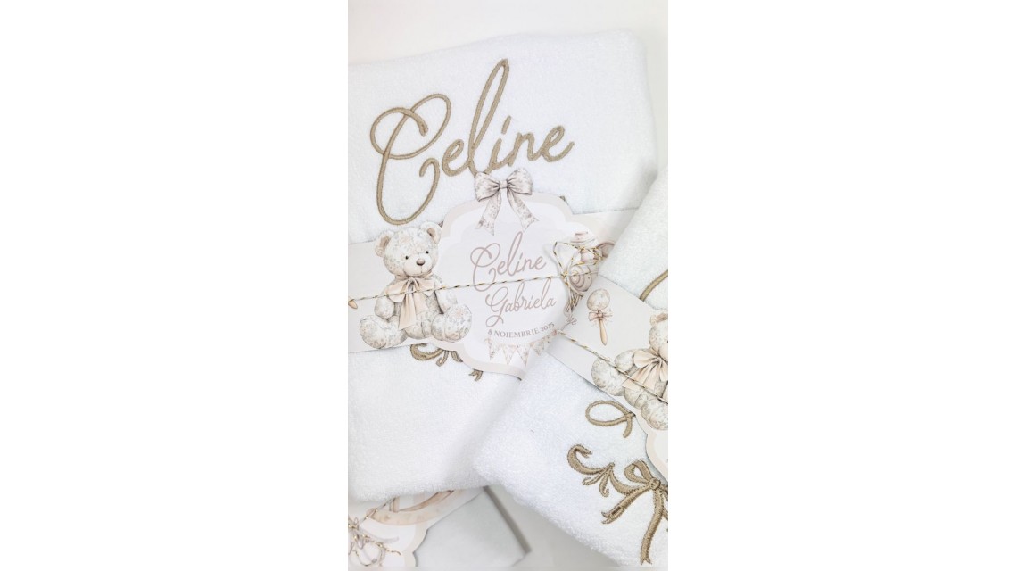 Trusou botez Nude Teddy Bear Toile de Jouy bej crem cu accente light pink și pattern floral vintage 10